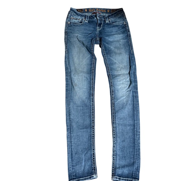 Rock Revival Denim - Rock Revival Posey Skinny Jeans Medium Wash Fleur De Lis Flap Pocket Womens 27